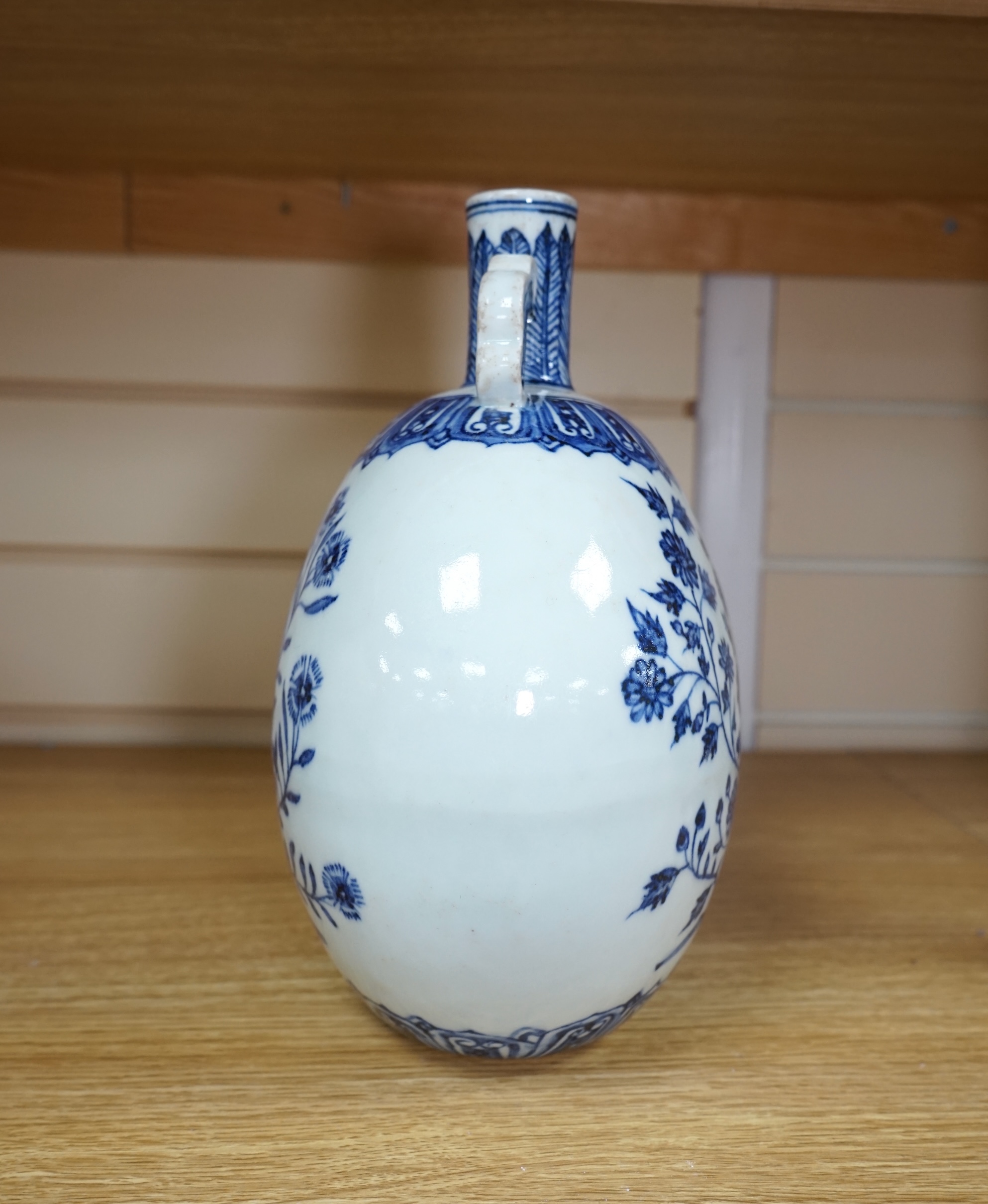 A Chinese blue and white moonflask, 26cm. Condition - good